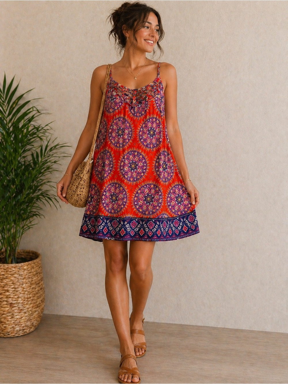 Red Camel Red and Purple Printed Spaghetti-Strap Mini Dress